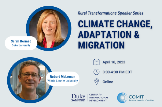 Rural Transformations Speaker Series: Climate Change, Adaptation &amp;amp;amp;amp; Migration. April 18, 2023, 3-4pm EDT, Online. Headshots of Sarah Bermeo and Robert McLeman. Logos for Duke Center for International Development and Center on Modernity in Transition.